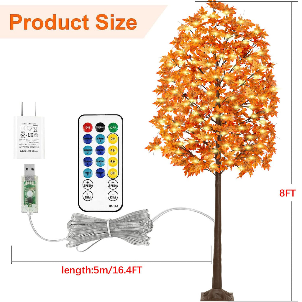 8FT 210 LED Lighted Maple Tree - Thanksgiving Decor Artificial Fall Tree with 21 Branches, 21 Acorns 420 Leaves
