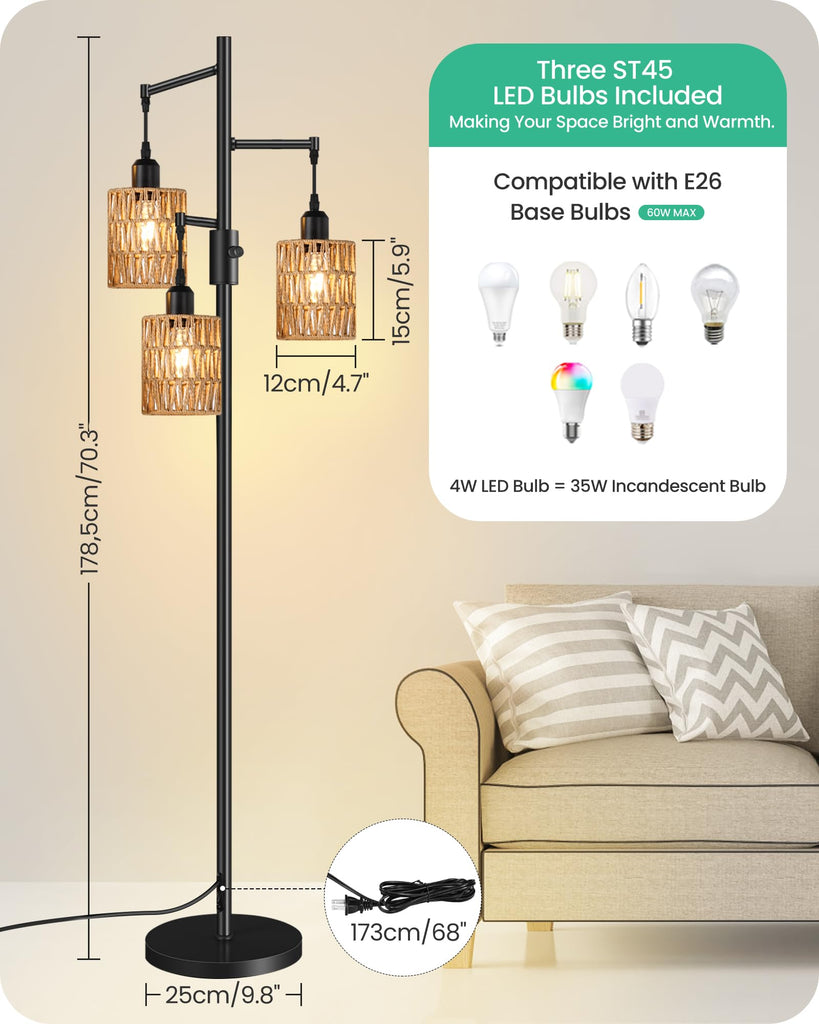 Dimmable Floor Lamp, Farmhouse Tall Standing 70.3" Tree Lamp with 3 Rope Woven Lampshades, Boho Rattan Floor Lights