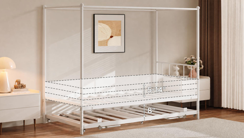 Twin Daybed with Trundle, Canopy Bed with Pop Up Trundle, White