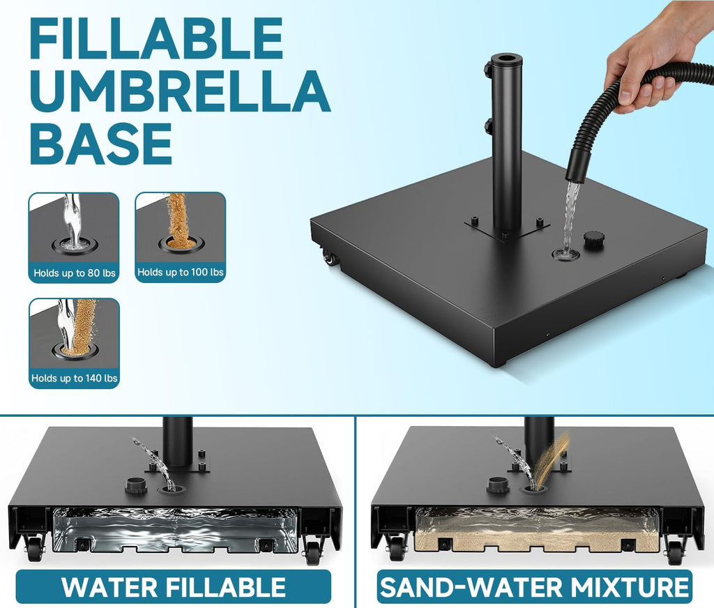 Metal Umbrella Base, 21 inch Heavy Duty Umbrella Stand with 4 Wheels | 200 lbs Max Capacity Fillable Base