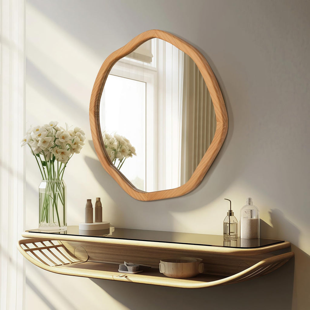 Irregular Round Wood Mirror 30 Inch, Natural Wall Mirror