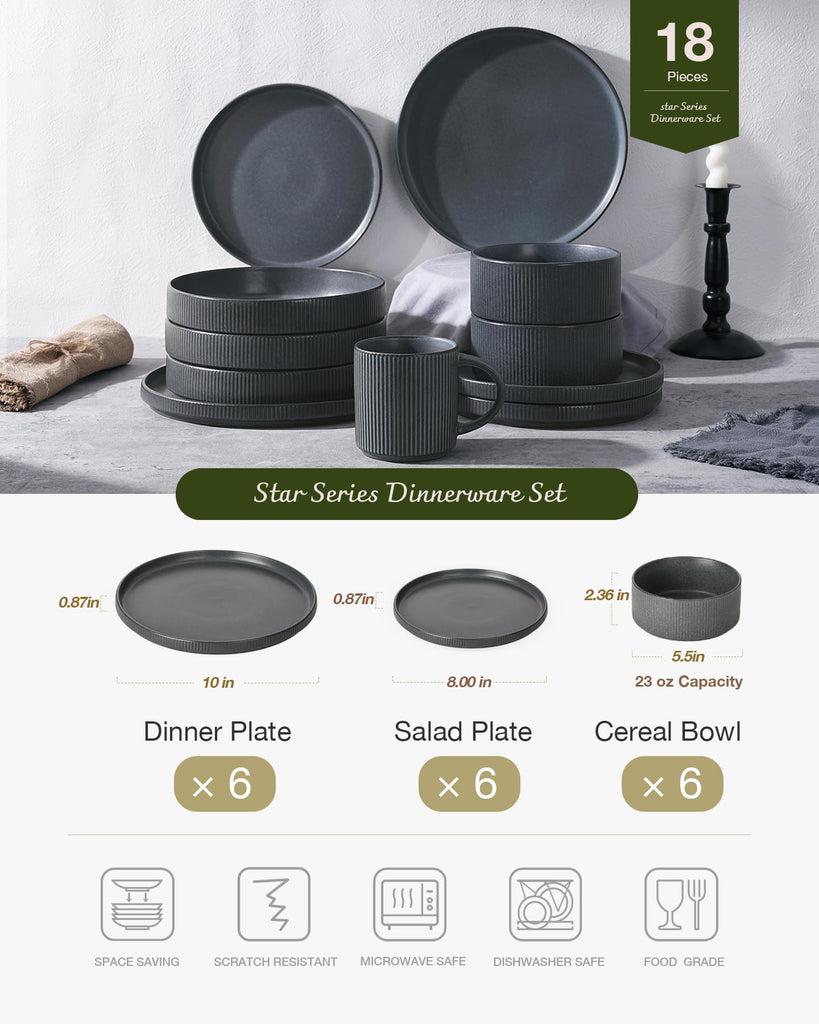 Star Plates and Bowls Sets, 18pc Modern Stoneware Dinnerware for 6