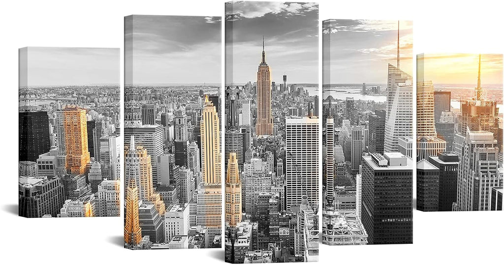 Large Size 5 Pcs New York Skyline Wall Art Canvas City in Sunrise Painting Pictures Modern Cityscape Artwork Office