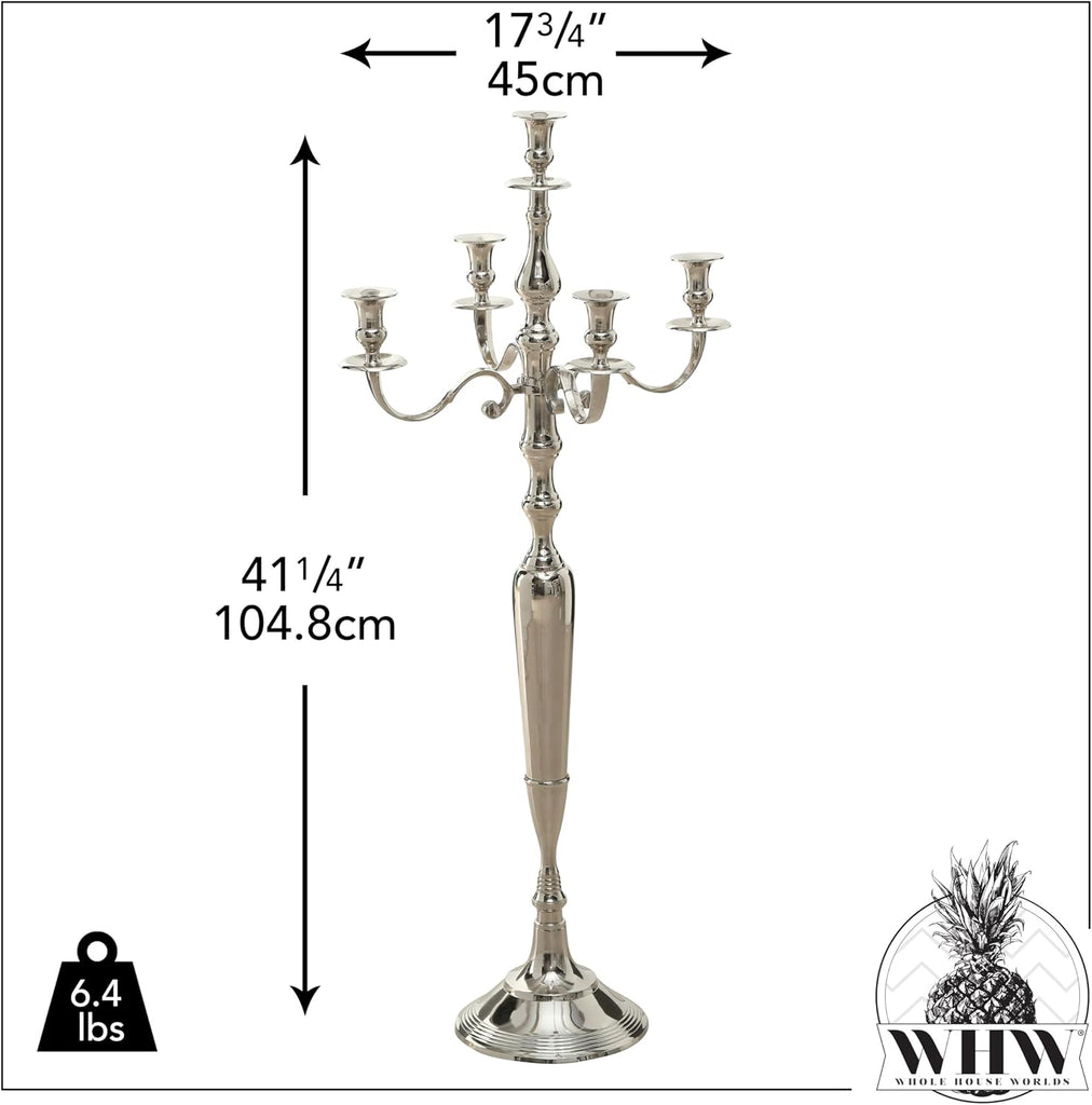 Romantic Hamptons Oversized 5 Candle Silver Candelabra | Hand Crafted Silver Aluminum Nickel, 41.25 Inches High, Over