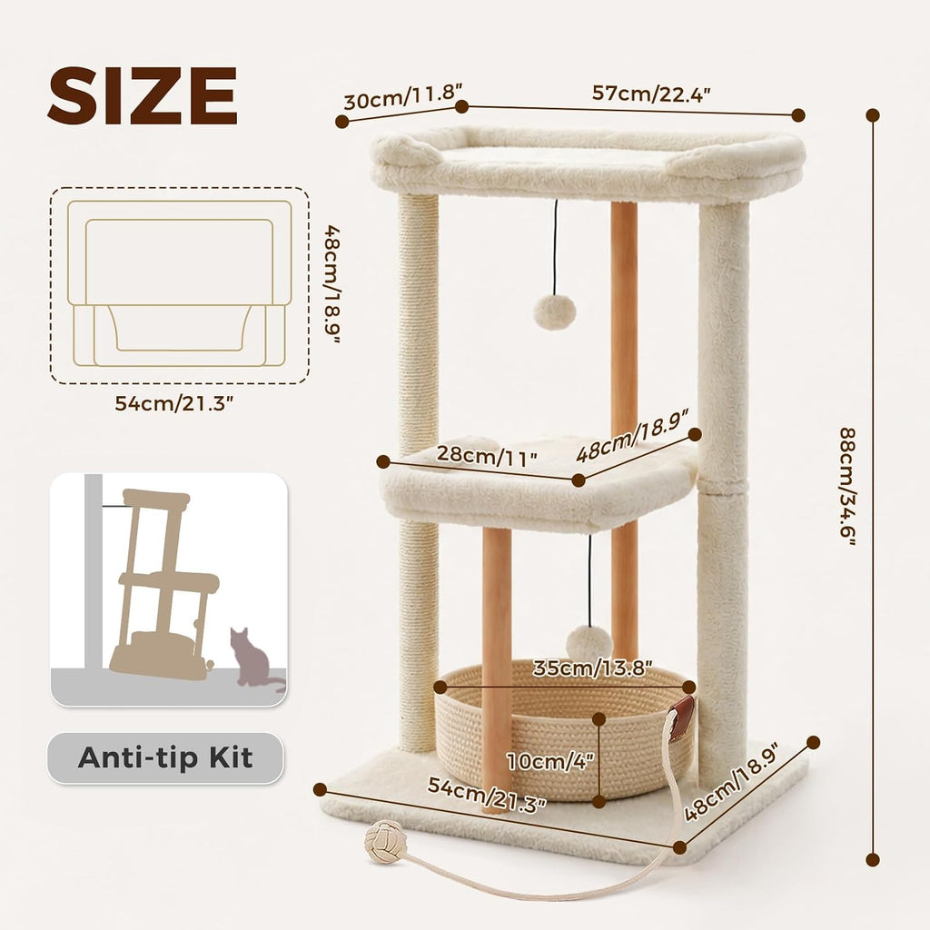 Modern Cat Tree Removable Woven Bed, Wood Cat Tower for Indoor Cat