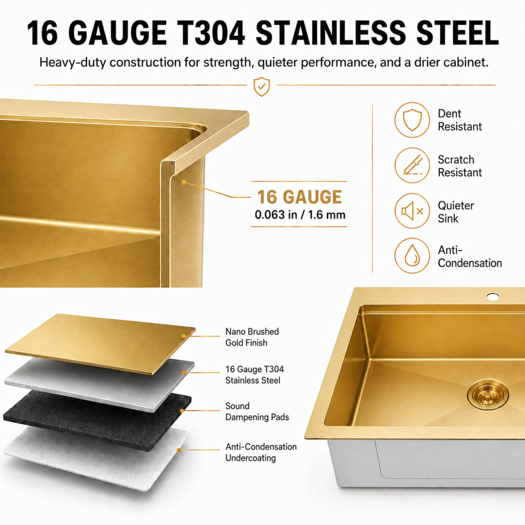 33" X 22" Drop In Gold Kitchen Sink, Single Bowl Top Mount Kitchen Sink, 16 Gauge Stainless Steel Workstation Sinks