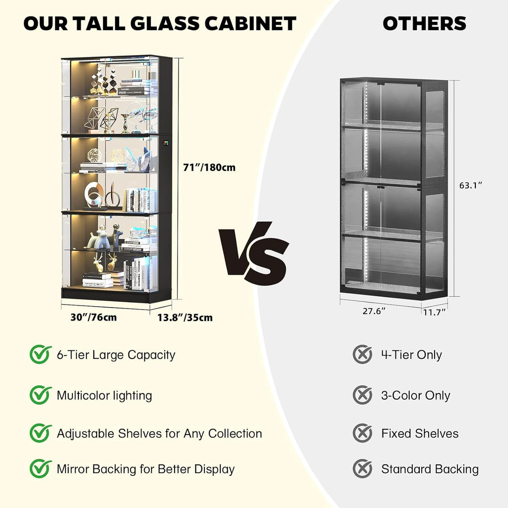 Display Cabinet with Glass Doors, 6-Tier 71'' Tall Curio Cabinet with RGB Lights for Collectibles, Display Case with