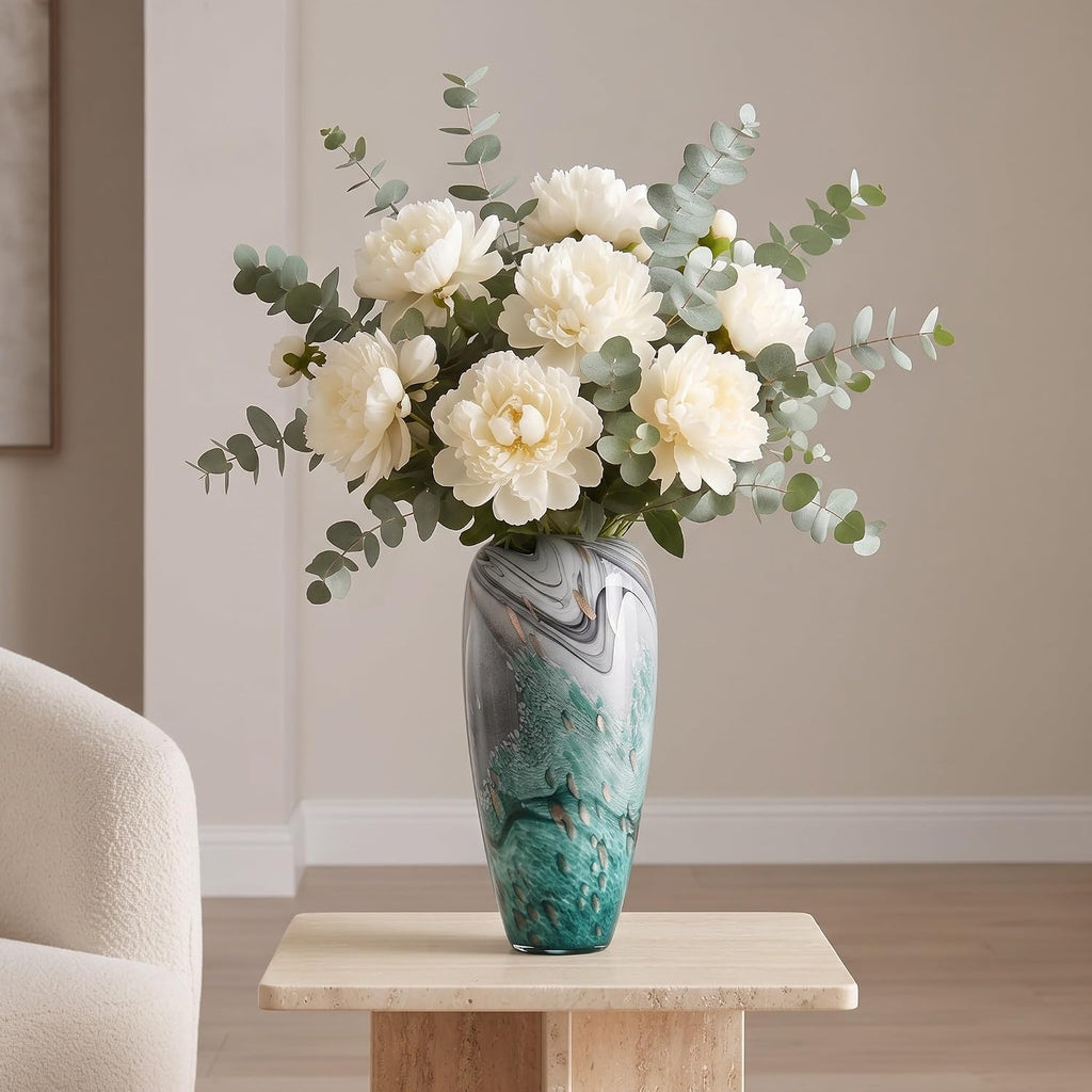 Hand Blown Glass Vase Decor with Organic Swirl Pattern, Art Glass Centerpiece for Table, Shelf or Living Room, Single