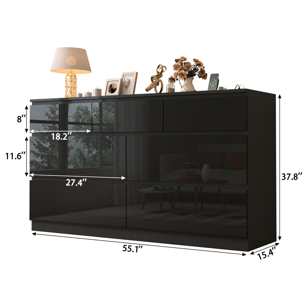 55 INCH 7 Drawers Dresser with Power Outlet, Wide High Gloss Chest of Drawers Large, Modern Storage Drawer Dresser