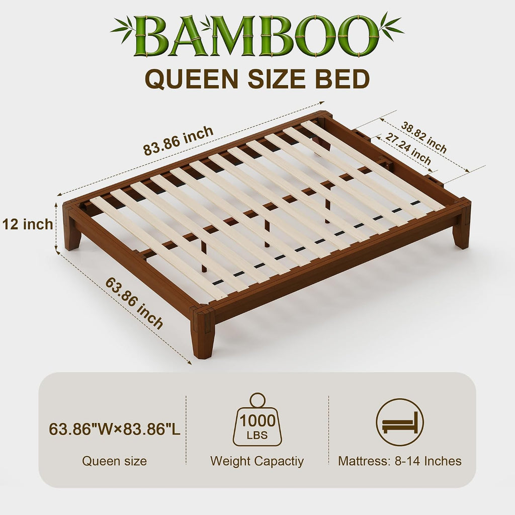 Queen Solid Bamboo Bed Frame, Japanese Joinery Platform Bed Frame(Walnut)