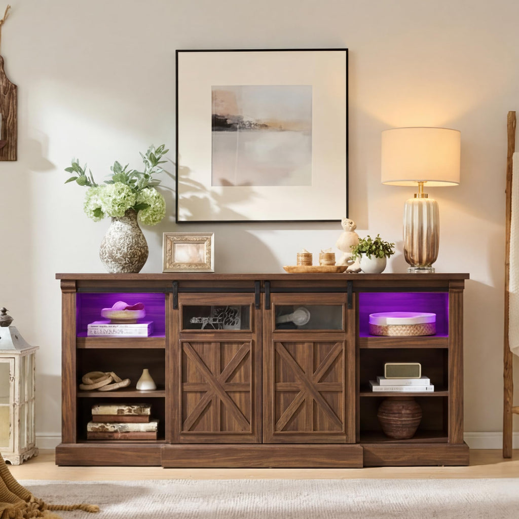 For up to 80 Inch TVs, 32'' Tall LED Entertainment Center with Electric Fireplace, Farmhouse TV Console Table