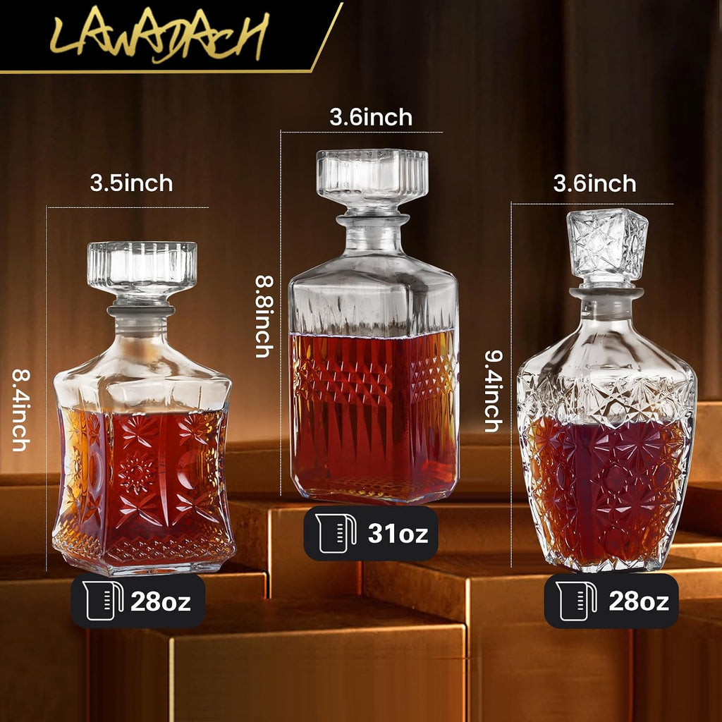 Glass Whiskey Decanter Set, Alcohol Bottle Gift for Men Dad Home Bar - Set of 3