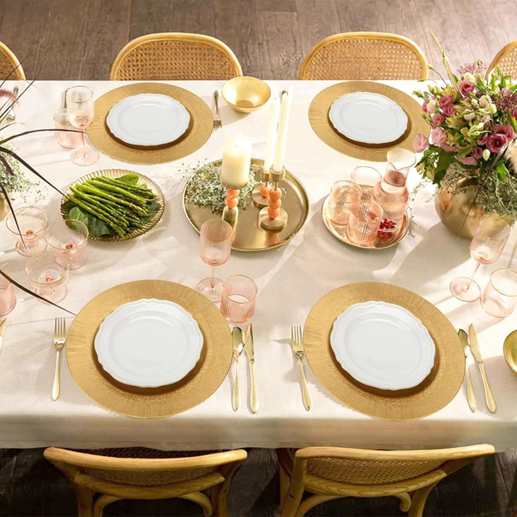 Inch Gold Charger Plates, Round Reef Pattern, Plastic, for Dinner Plates, Wedding Decor, Table Setting - Set of 12