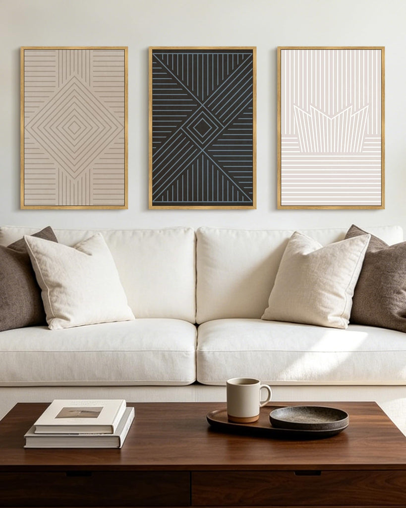 Minimalist Abstract Bohemian Framed Wall Art Modern Boho Neutral Line Wall Decor Geometric Artwork Bedroom Dining
