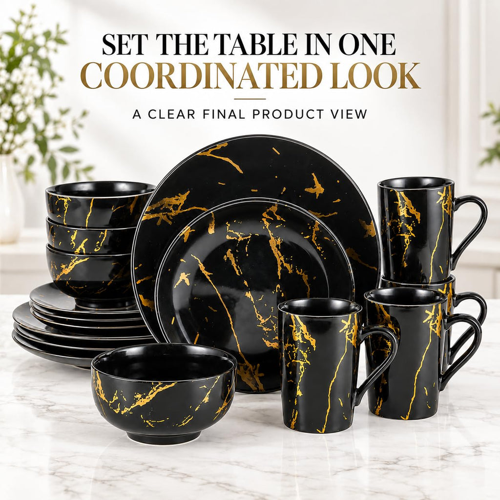 Black and Gold Marble Dinnerware Set for 4, 16-Piece Porcelain