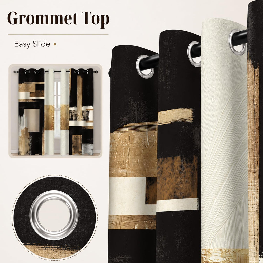 Boho Black Gold Abstract Blackout Curtains, Modern Oil Aesthetic Neutral Contemporary Beige Darkening Thermal