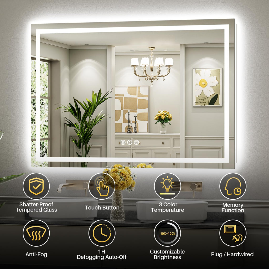 55x40 Inch LED Bathroom Mirror with Lights, Backlit & Front Lit