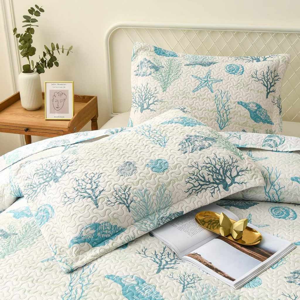 Reversible Coastal Beach Theme Quilt Set Ocean Coral Bedding Seaweed Bedspread Ocean Life Blue Green White
