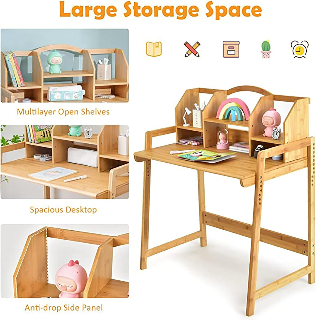Kids Desk and Chair Set, Height Adjustable Bamboo Study Desk with Storage Hutch and Bookshelf, Wooden Writing Table