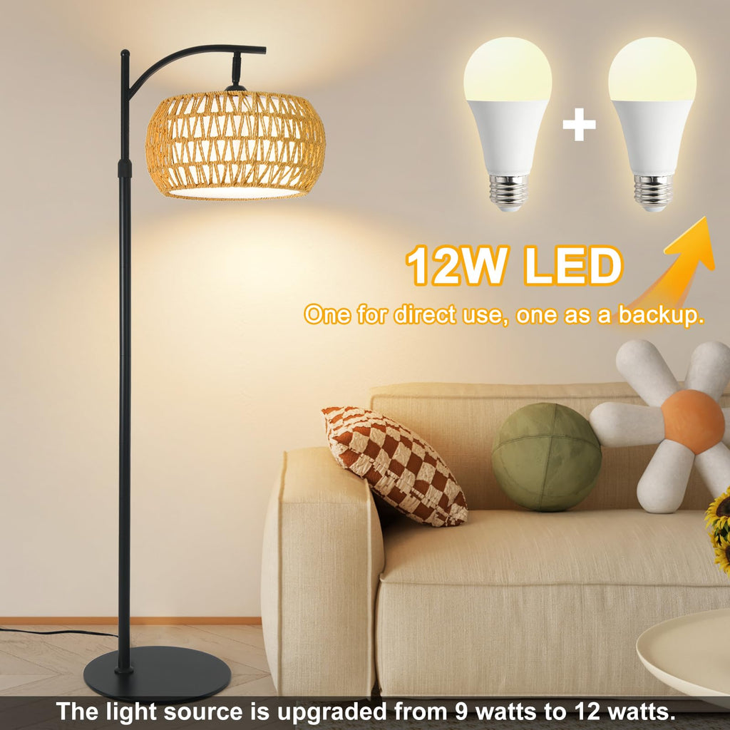 Black Boho Rattan Floor Lamp with Shade - Dimmable 12W LED, Remote & 3 Color Temps, Handwoven Arc Standing Light