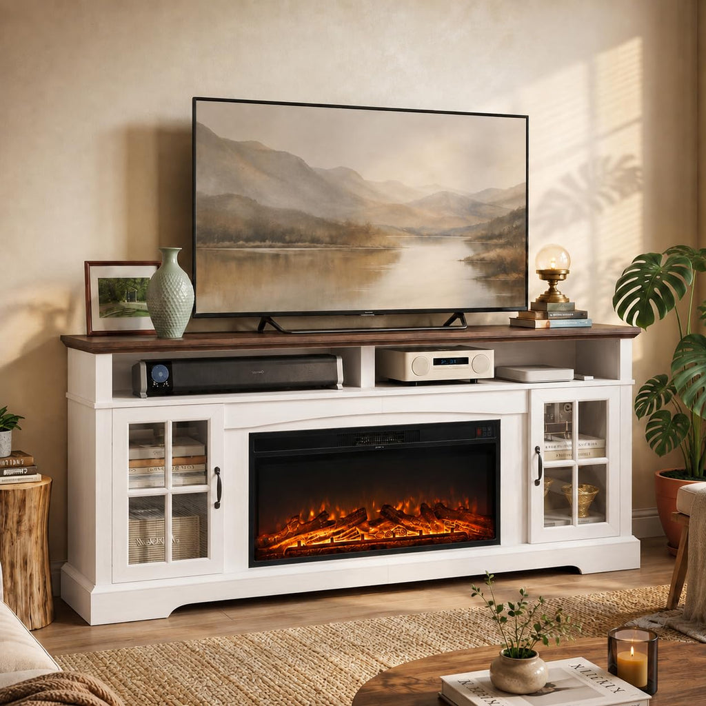 80" Fireplace TV Stand, Modern Entertainment Center for TVs Up to 80", TV Console with Storage Cabinets, Media