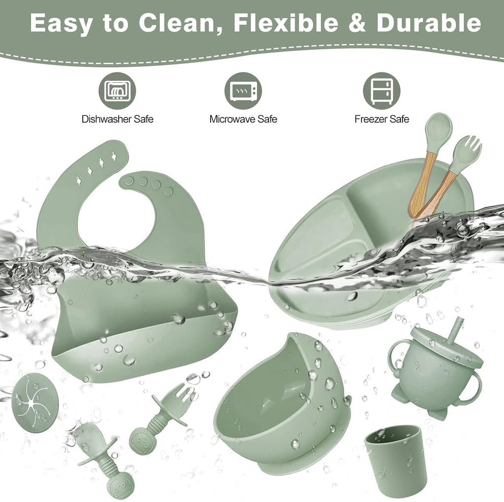 Feeding Set, Toddler Feeding Set 12 Pcs, Suction Bowl and Baby Plate, Silicone Bib,Spoon,Fork & Sippy Cup,BPA Free