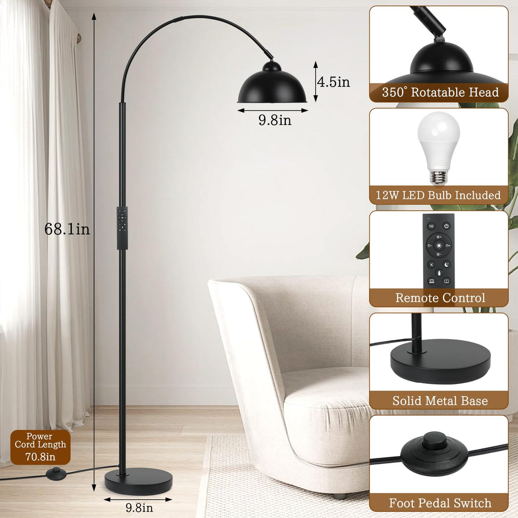 Modern Arc Floor Lamp with Remote Control 12W Stepless Dimmable Arched Standing Lamp, Adjustable Metal Hanging