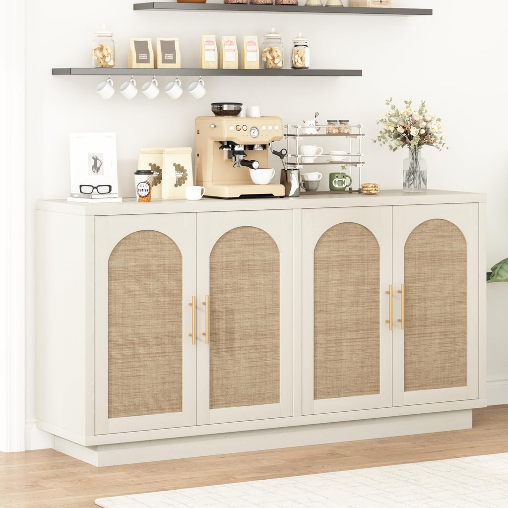 59" Rattan Sideboard Buffet Cabinet with Storage, 4 Arched Doors