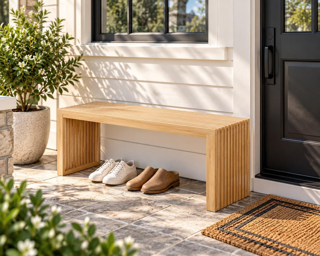 Bamboo Dining Bench, 35'' Slatted Design Entryway Bench, Natural