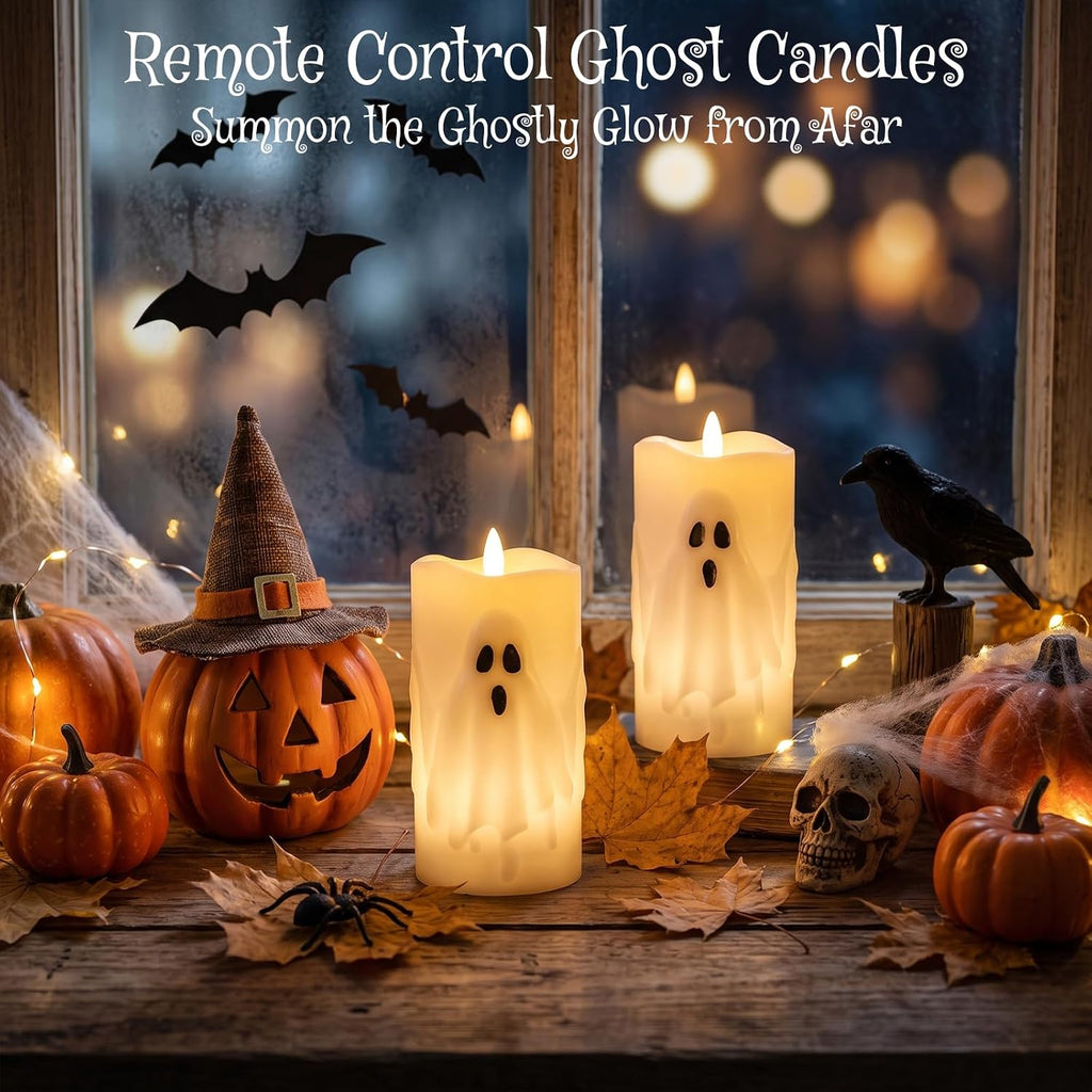 Halloween Ghost Flameless Pillar Candles with Remote Timer - Set of 2