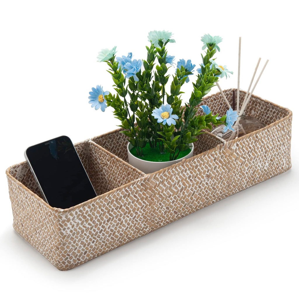 Whitewash Seagrass Toilet Paper Basket 3 Sections 16.5 x 5.5 x 3.5inch