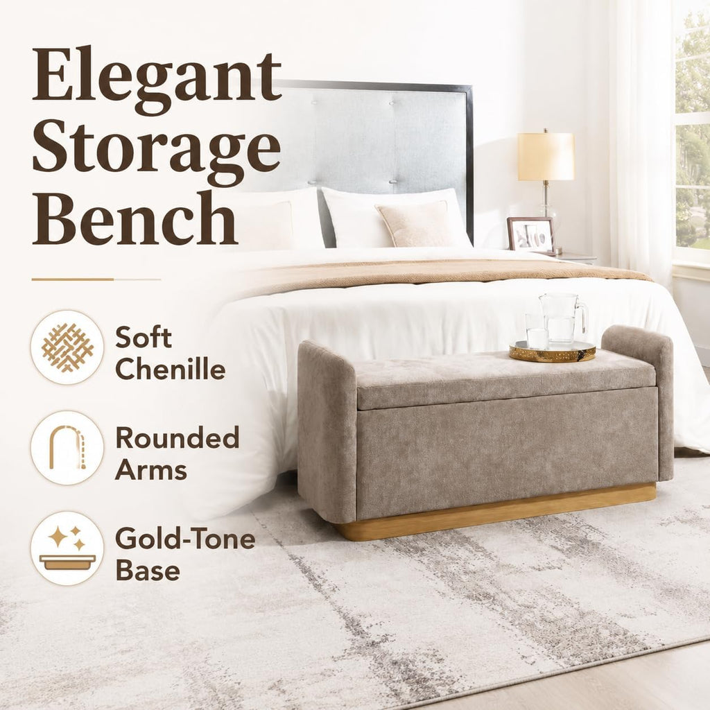 49" Storage Ottoman Bench, Upholstered Bench, Chenille, Brown | End of Bed Bench with Hidden Storage, Safety Hinge &