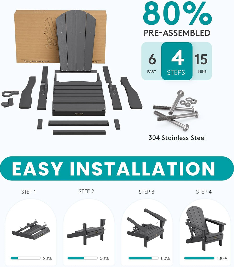 Folding Adirondack Chair with Cup Holder Set of 2, Fire Pit - Gray | All Weather Adirondack Chairs, Fire Pit Chairs