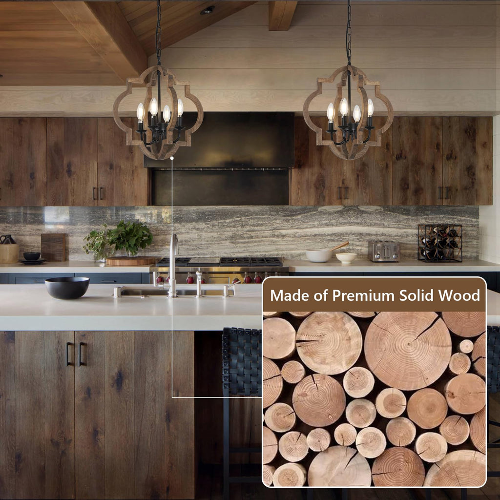 Farmhouse Chandelier Light Fixtures, 4-Light Dining Room Light Fixtures Over Table, Solid Wood Chandeliers, 15.7"
