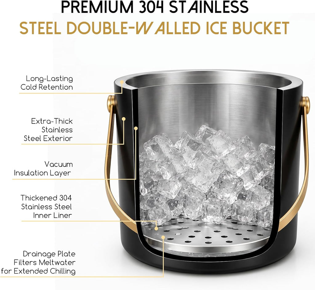 3L Modern Insulated Ice Bucket with Silicone Lid, Scoop, Strainer Double Wall Insulated Stainless Steel Ice-Bucket