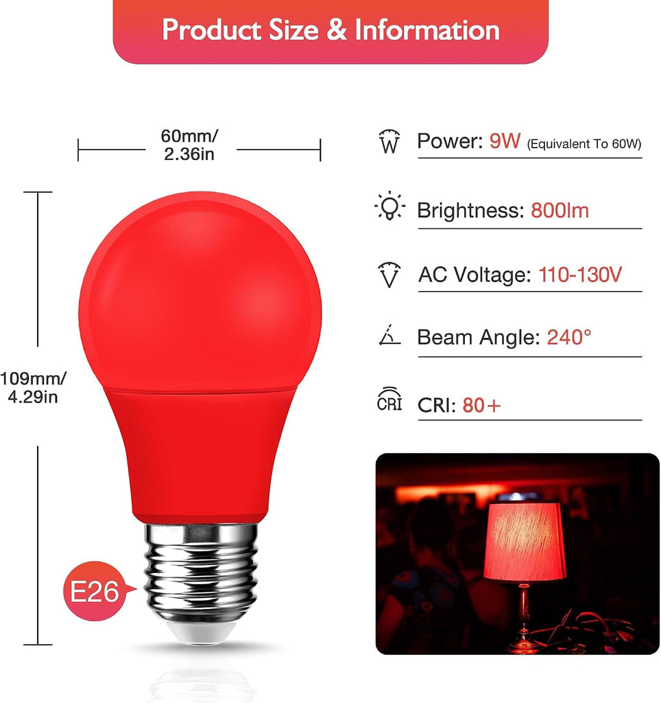 LED Red Light Bulb 60W Equivalent, 9W LED E26 Base Red Color Bulbs