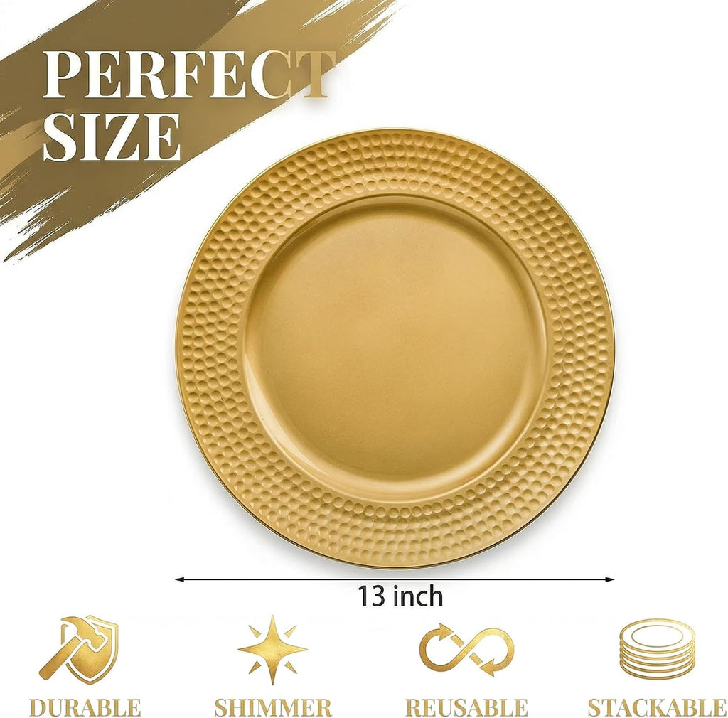 Gold Charger Plates, 13 Inch Round Charger Plates with Hammered Rim, Plastic Charger Plate for Wedding Dinner - Set of 12