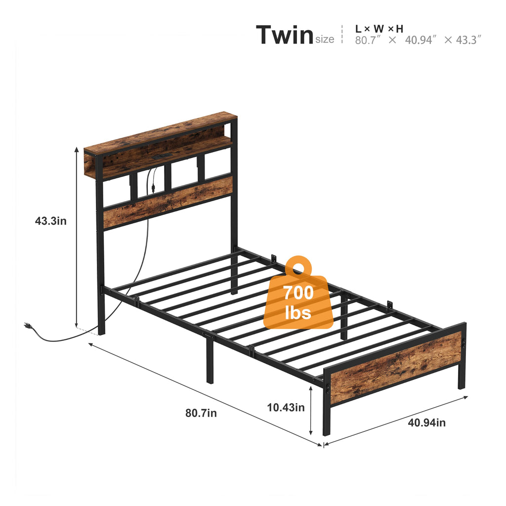 Bed Frame with Headboard and Storage Shelf, Metal Platform Bed Frame with Charging Station, LED Lights