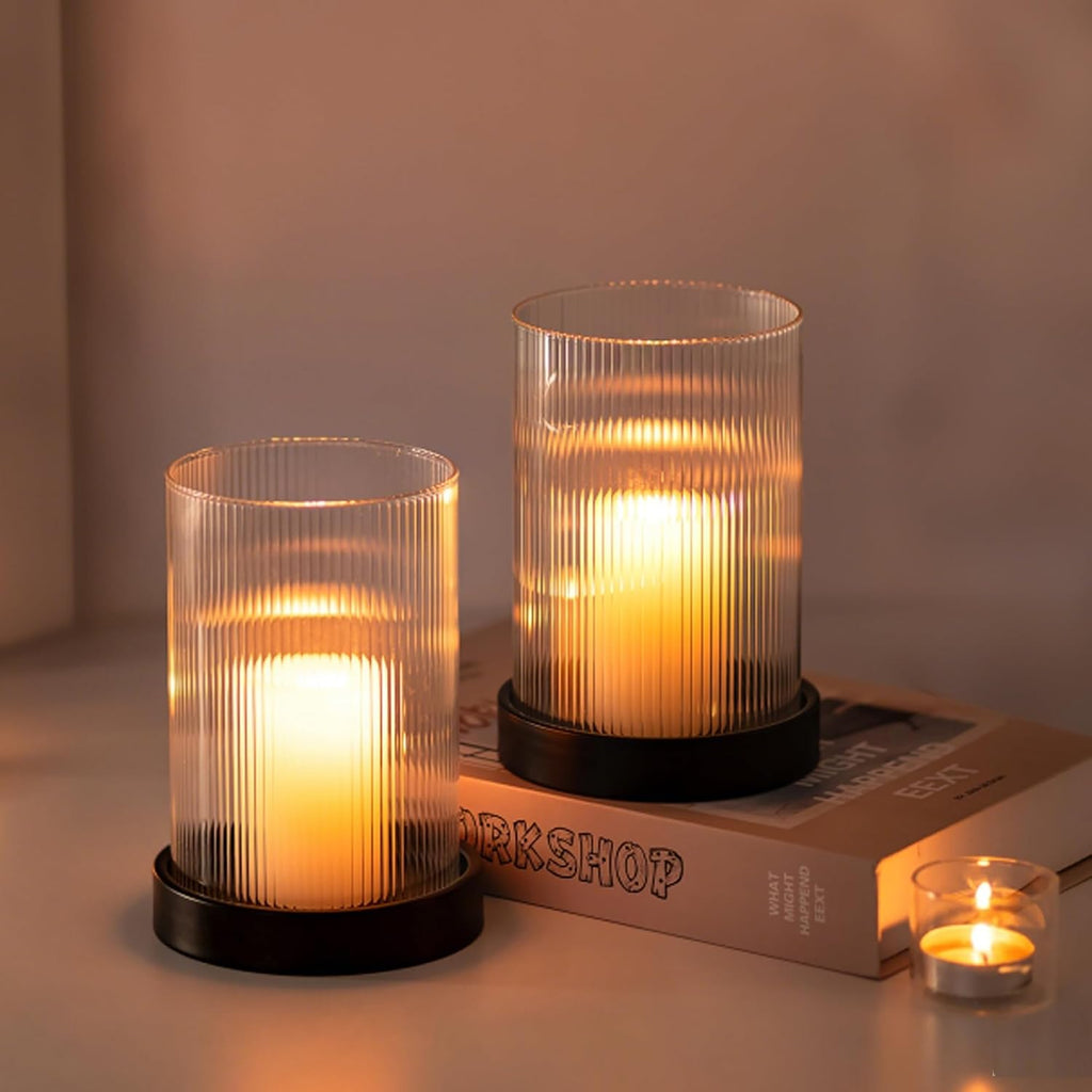 Hurricane Candle Holder 2Pcs Black Candle Tray with Glass Cylinder | 3.94''x5.71'' Ribbed Open-End Sleeve, Fit 4''