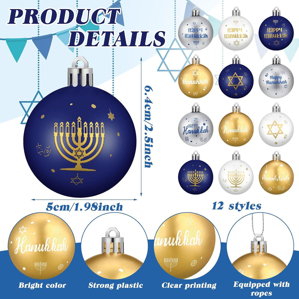 Hanukkah Ball Ornaments - Plastic White Blue Gold Jewish Chanukah Decorative Hanging Ornaments, Party Decor - Set of 12