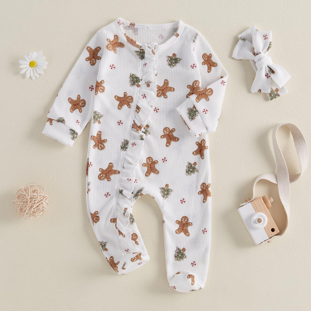 Newborn Baby Girl Boy Christmas Outfit Zip Up Ruffle Footie Romper Jumpsuit Waffle Knit Onesie Xmas Santa Clothes