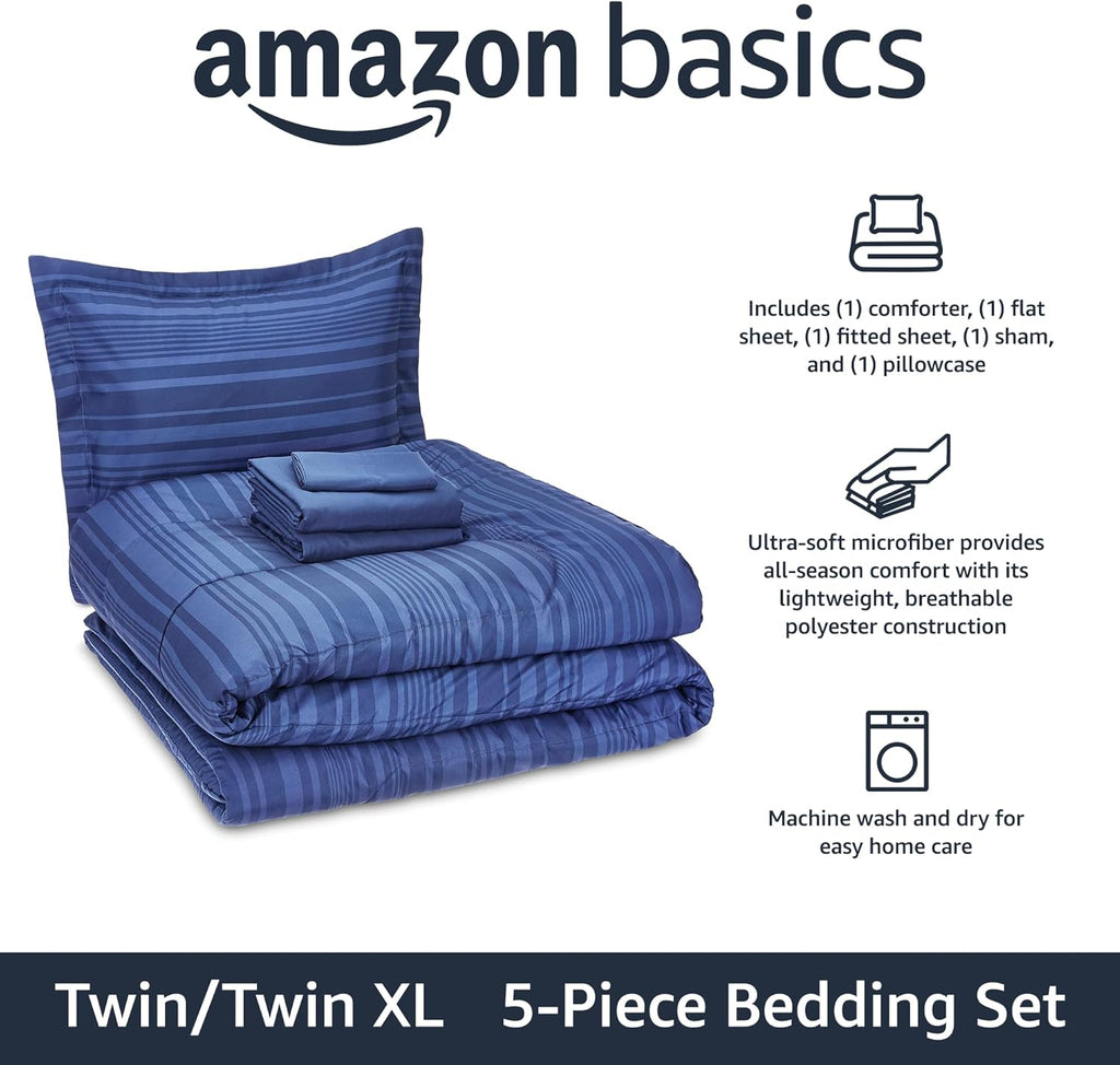 Twin/Twin XL Comforter Set with Sheets, 5-Piece Blue Calvin Striped Bedding, Lightweight Microfiber Bed-in-a-Bag
