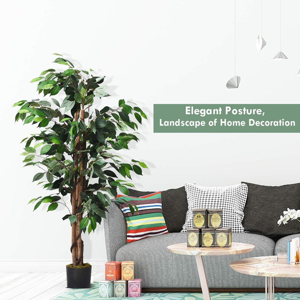 4FT Artificial Ficus Silk Tree, Potted Fake Tree w/Green Leaves and Natural Trunk, Maintenance Free, Tall Faux Plant