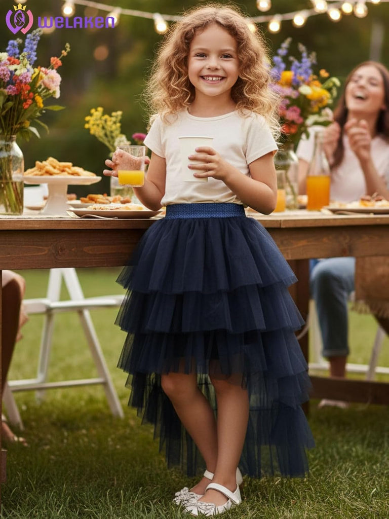 Girls Layered Tulle Skirts Flowy Mesh Elastic Waist Midi Tutu Skirt