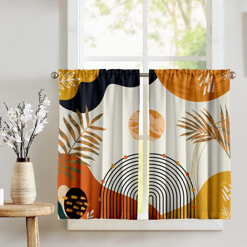 Orange Boho Curtains 39 Inch Mid Century Cafe Drapes for Small Windows Abstract Leaves Rainbow Colorful Modern