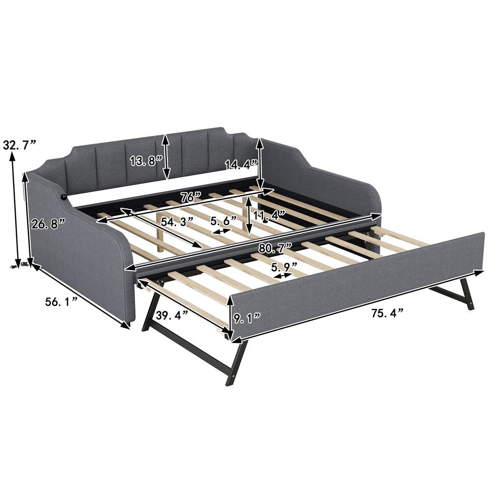 Full Upholstered Daybed with Pop up Trundle, Extendable Sofa Bed Full Daybed with USB Charging and Adjustable Trundle