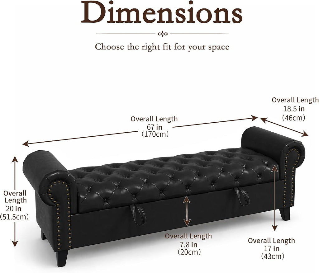 67 Inch Faux Leather Storage Bench with Rolled Arms, Chesterfield Tufted Ottoman Bench with Nailhead Trim