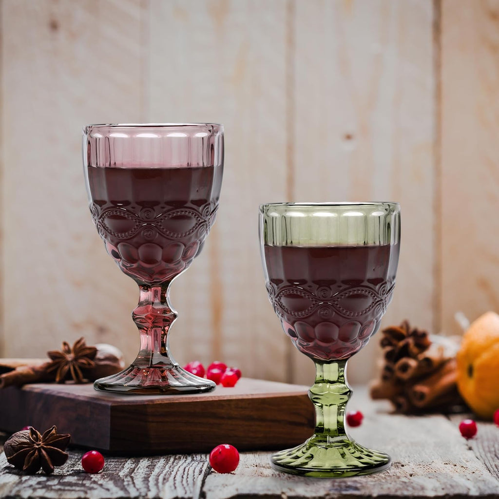 Green Vintage Wine Glasses,Clear Water Goblet Glasses with Embossed Serpentine Pattern,Stemmed Colored Glassware Set