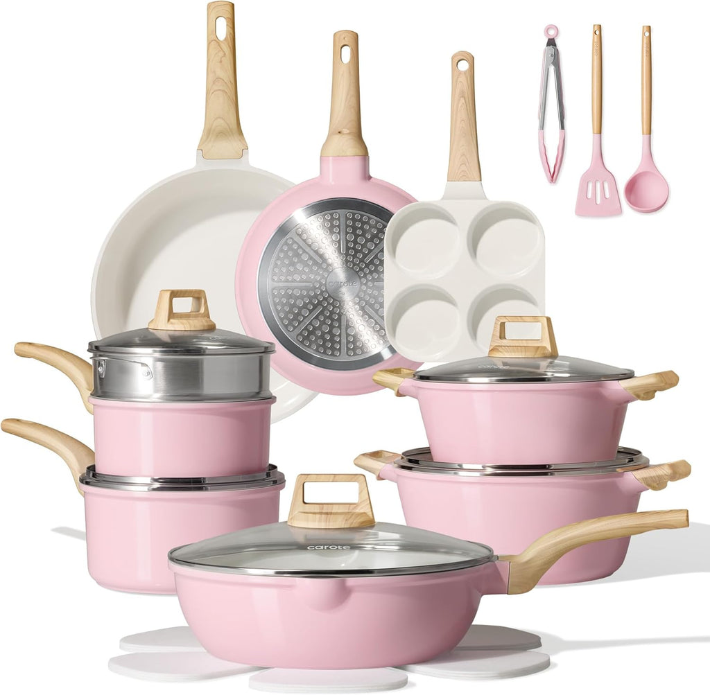 21pcs Ceramic Cookware Set, Pots and Pans Set, Pink | Non-Toxic, Healthy Kitchen set, All-Stovetop Compatible, Easy
