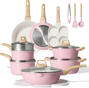 21pcs Ceramic Cookware Set, Pots and Pans Set, Pink | Non-Toxic, Healthy Kitchen set, All-Stovetop Compatible, Easy